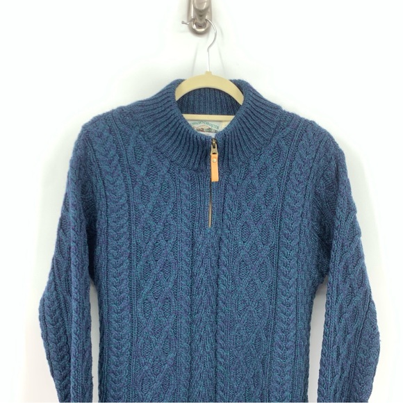 Aran Crafts Men Size Large Sweater 1/4 Zip Pullover Blue Merino Wool Cable Knit - Picture 3 of 11